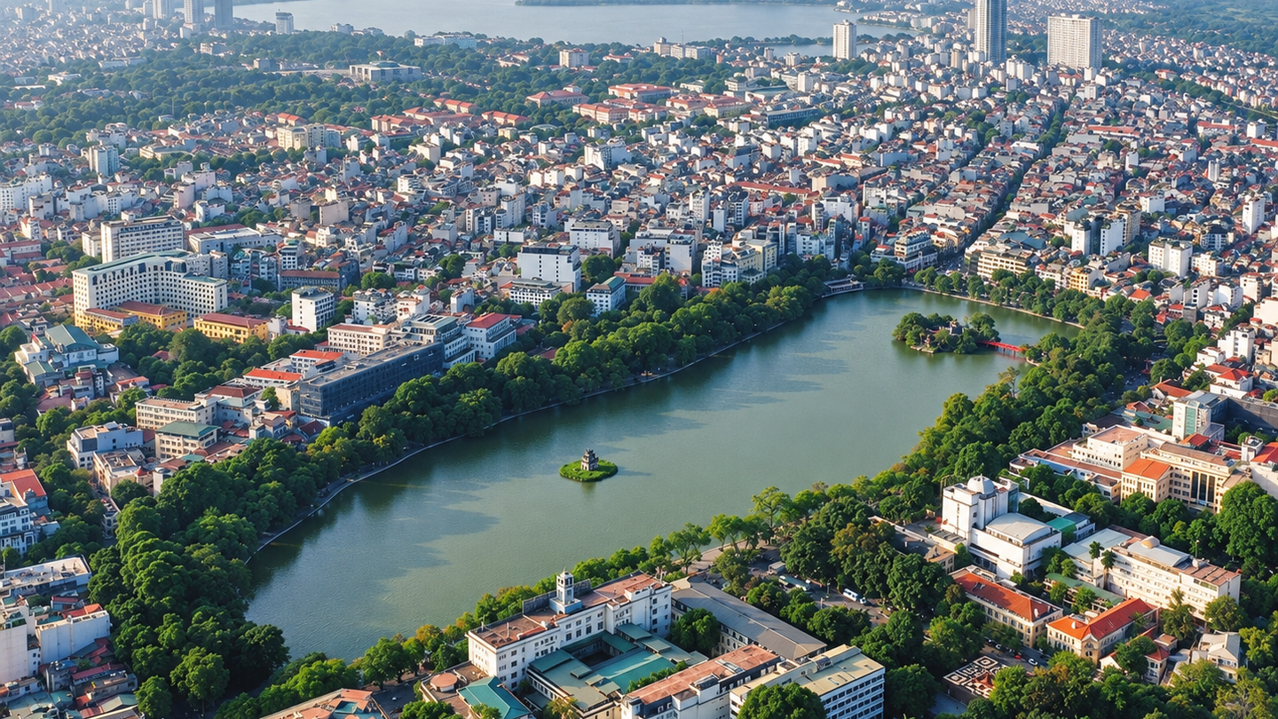 Aerial view of Hoan Kiem Lake and surrounding streets in central Hanoi.