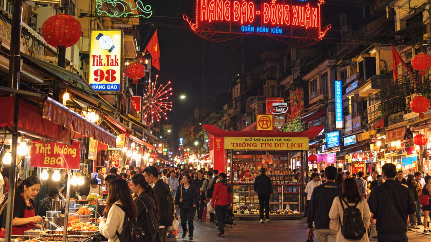 Crowds walking beneath lanterns and illuminated signs in Hanoi’s Old Quarter at night