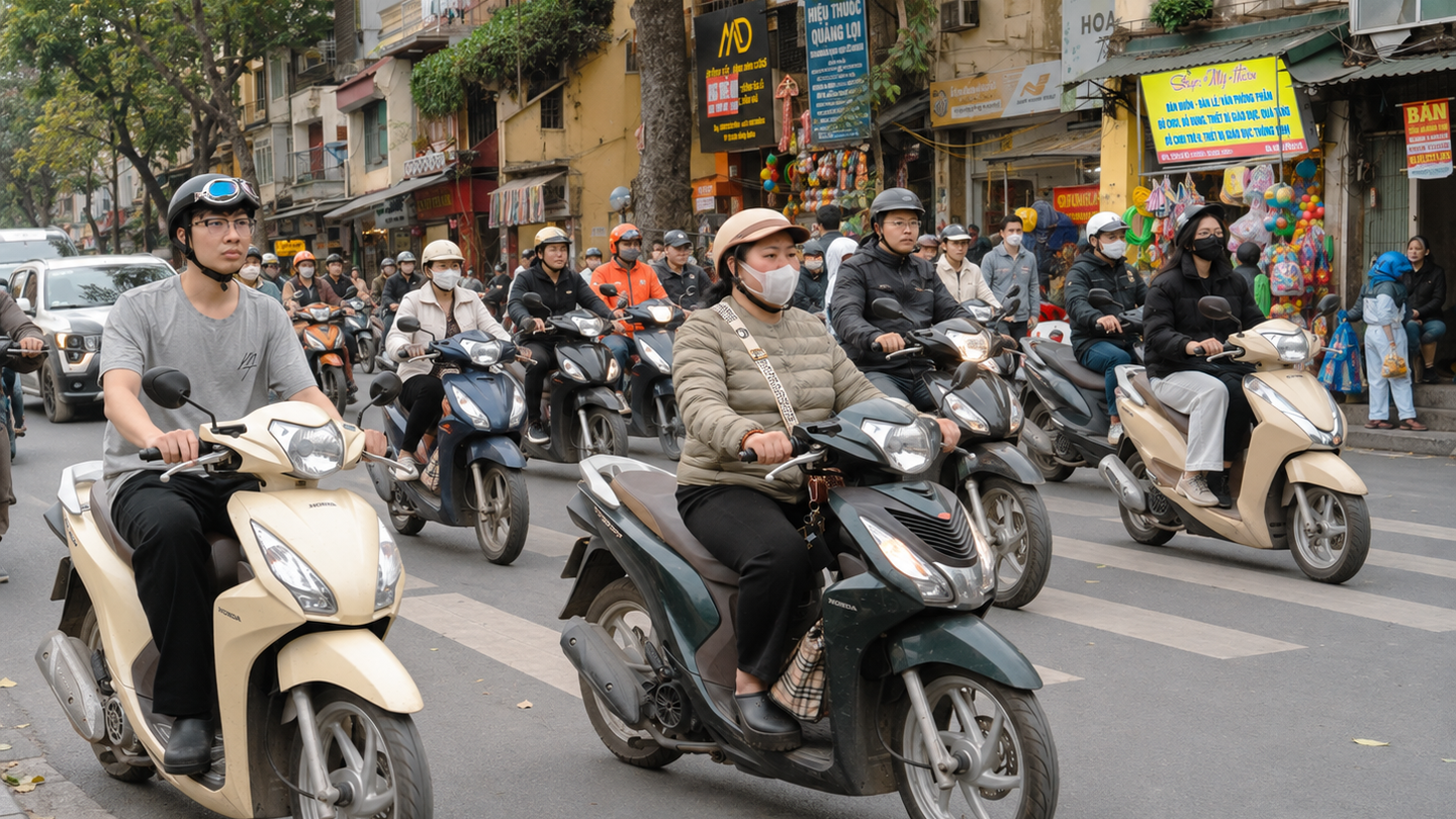 Motorbikes filling a busy street in Hanoi’s Old Quarter