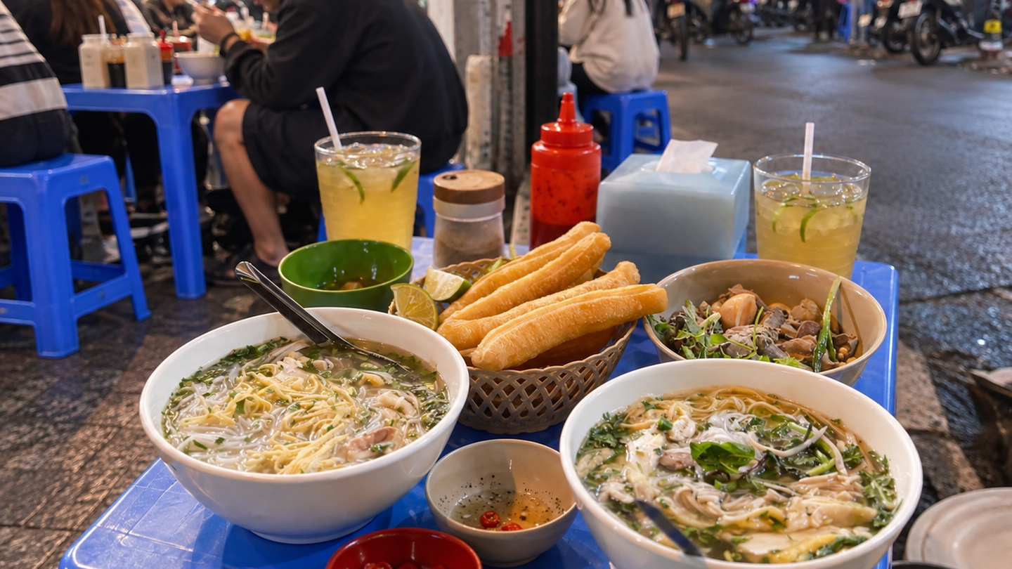 Chicken pho with herbs, tea and fried dough on a street-side breakfast table in Hanoi.