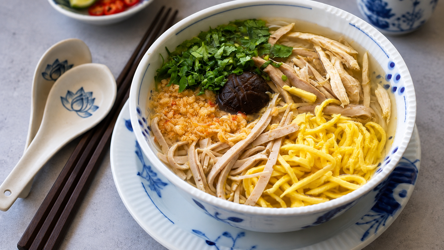 Bun thang, Hanoi’s delicate chicken, egg and noodle soup, served in a patterned bowl.