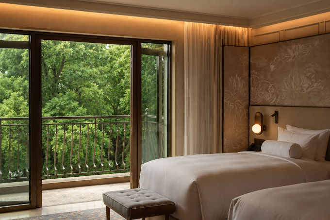Leafy hotel room with a balcony in a quieter Hanoi neighbourhood, one option for where to stay in Hanoi.