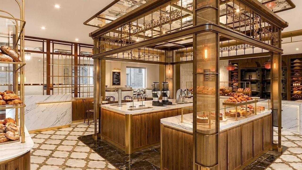 La Fournée's pastry counter under its brass canopy