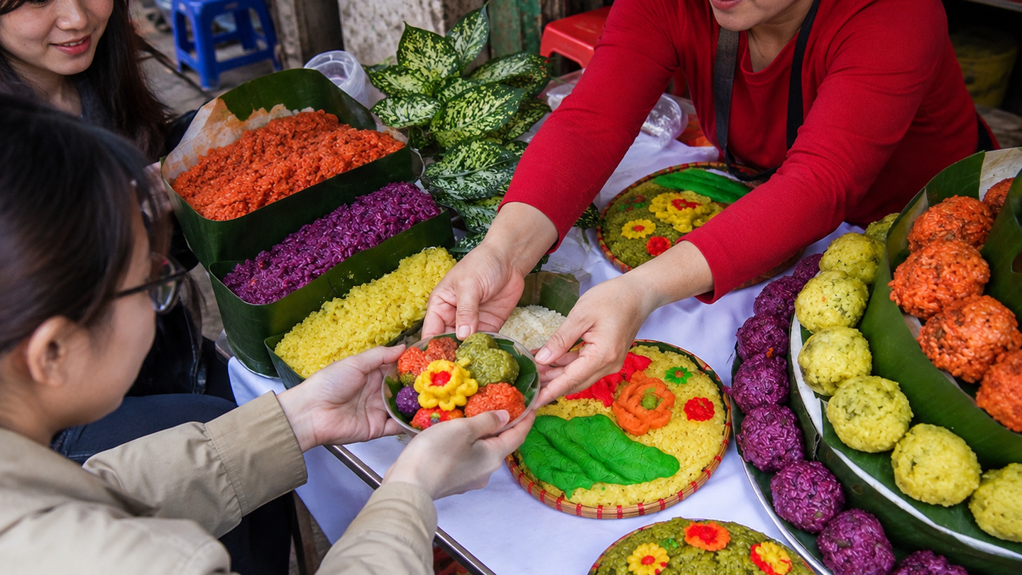 A vendor offers colorful portions of sticky rice at a Hanoi street market.