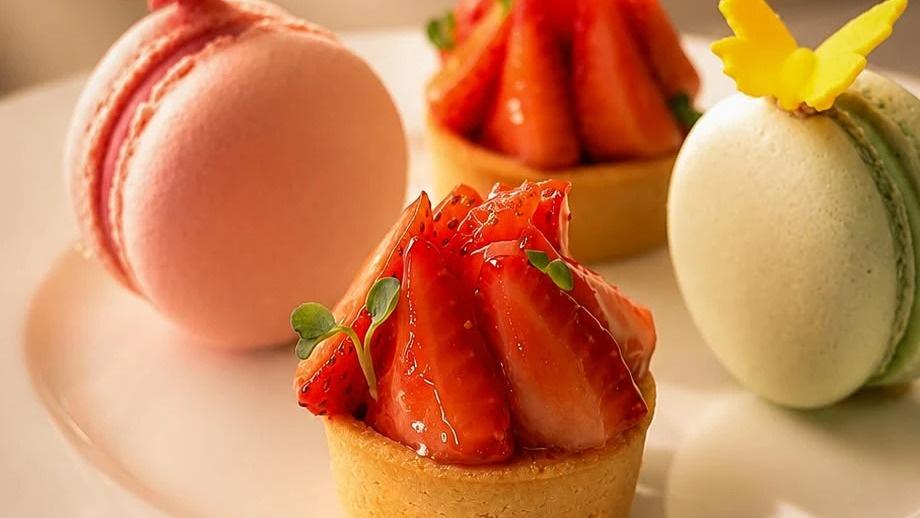 Macarons and strawberry tartlets from La Fournée's afternoon tea