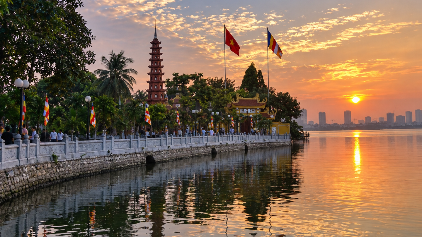 Tran Quoc Pagoda beside West Lake at sunset