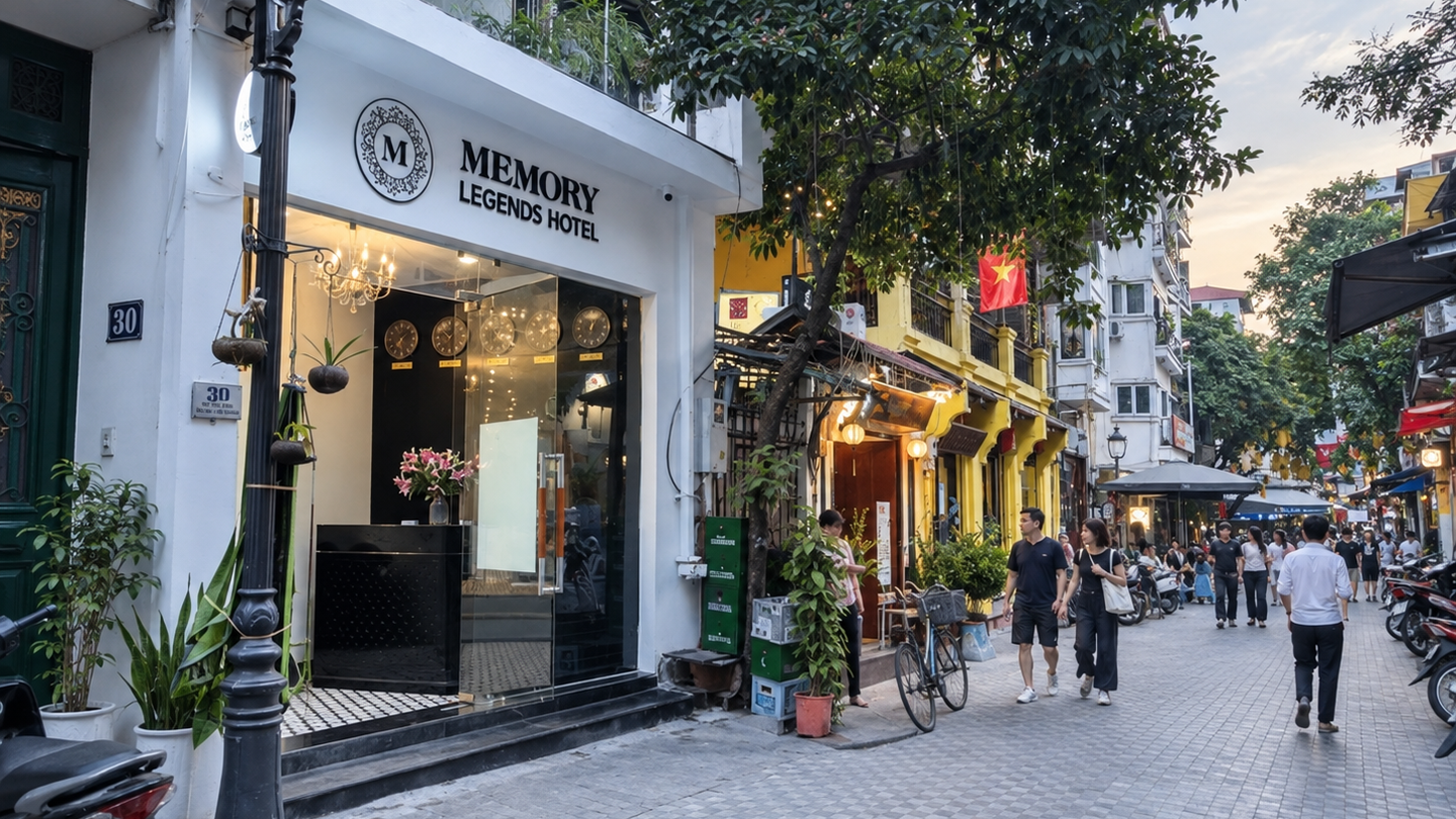 Tree-lined Old Quarter street with shopfronts and pedestrians passing by.