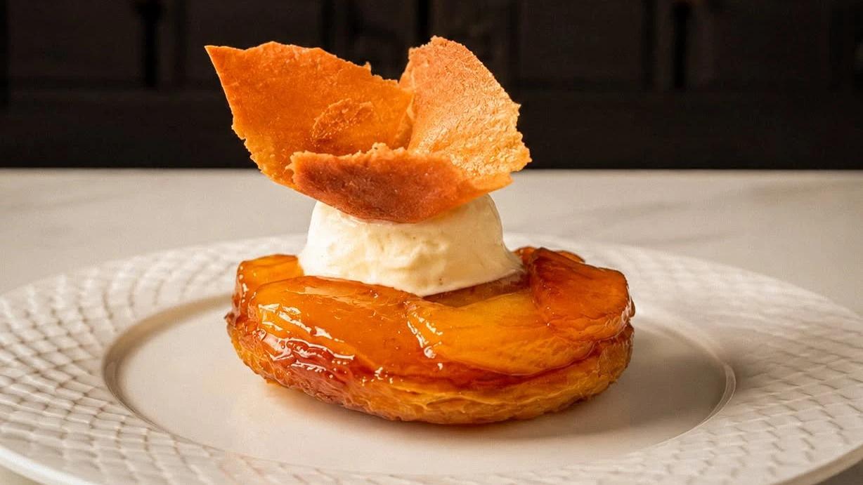 Tarte Tatin with vanilla ice cream and a crisp tuile at La Fournée