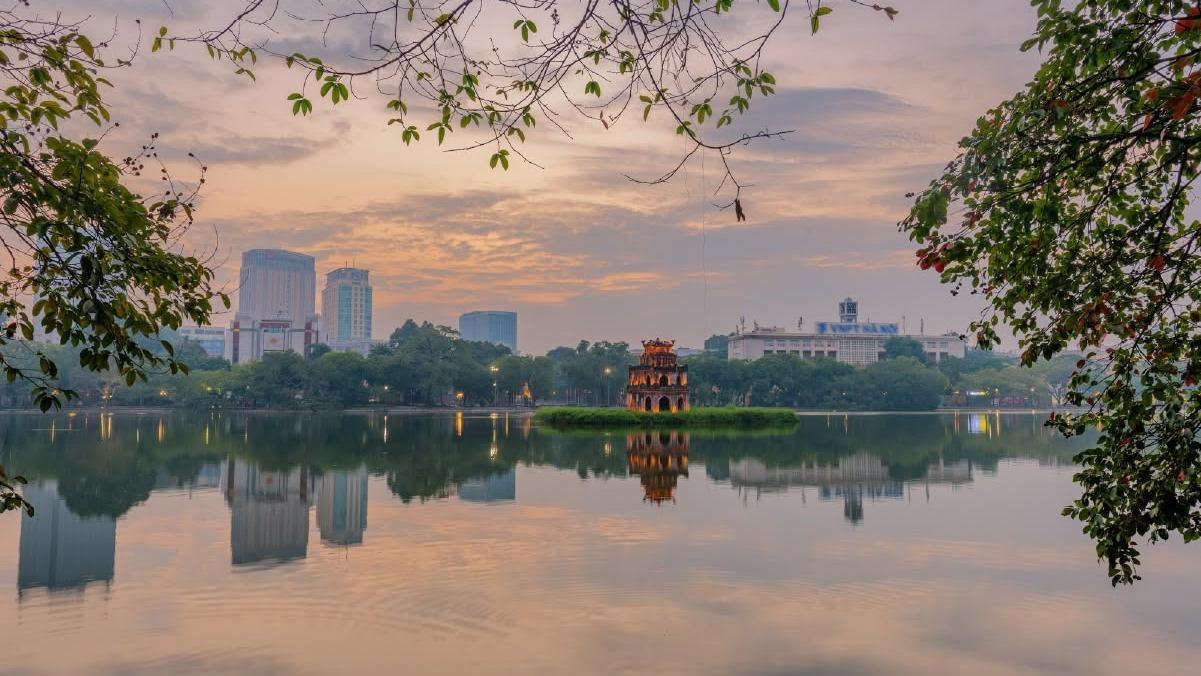 Hoan Kiem Lake and Turtle Tower at sunrise