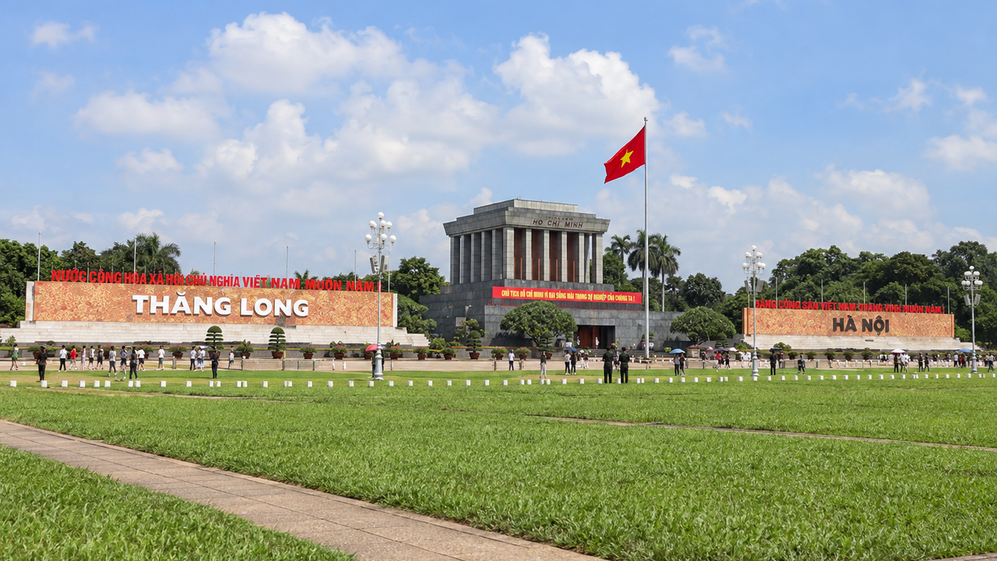 Ho Chi Minh Mausoleum and its forecourt at Ba Dinh Square in Hanoi.