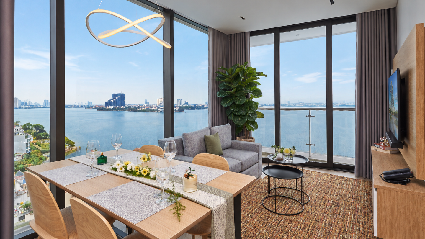 Living room of a serviced apartment overlooking West Lake in Hanoi.