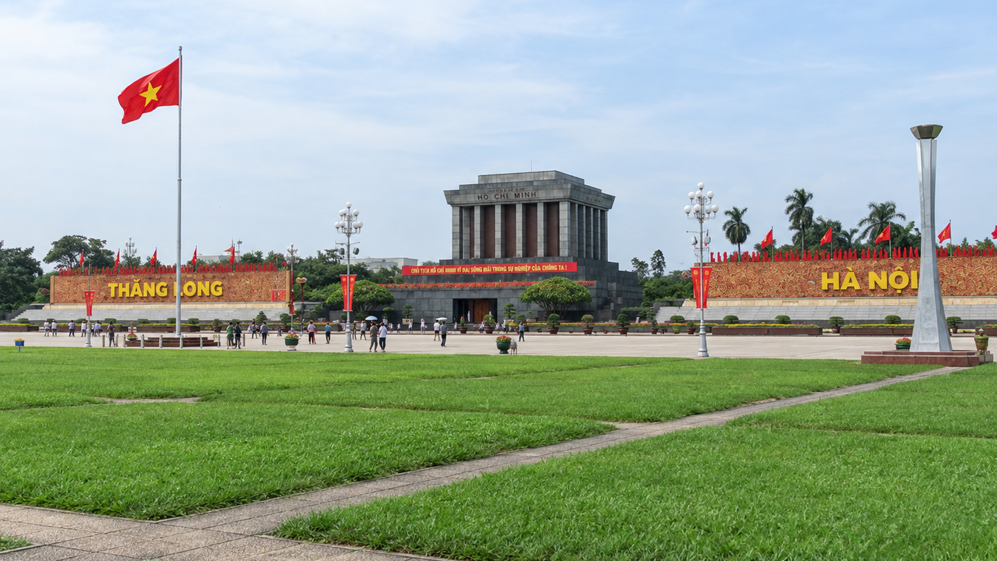 Ba Dinh Square lawns and flags in front of Ho Chi Minh Mausoleum