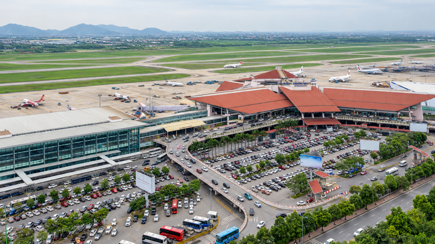 Aerial view of Noi Bai International Airport's terminal and airfield near Hanoi.