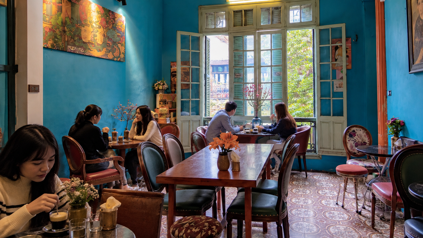 Customers relax inside Loading T's bright blue café on Chan Cam Street.