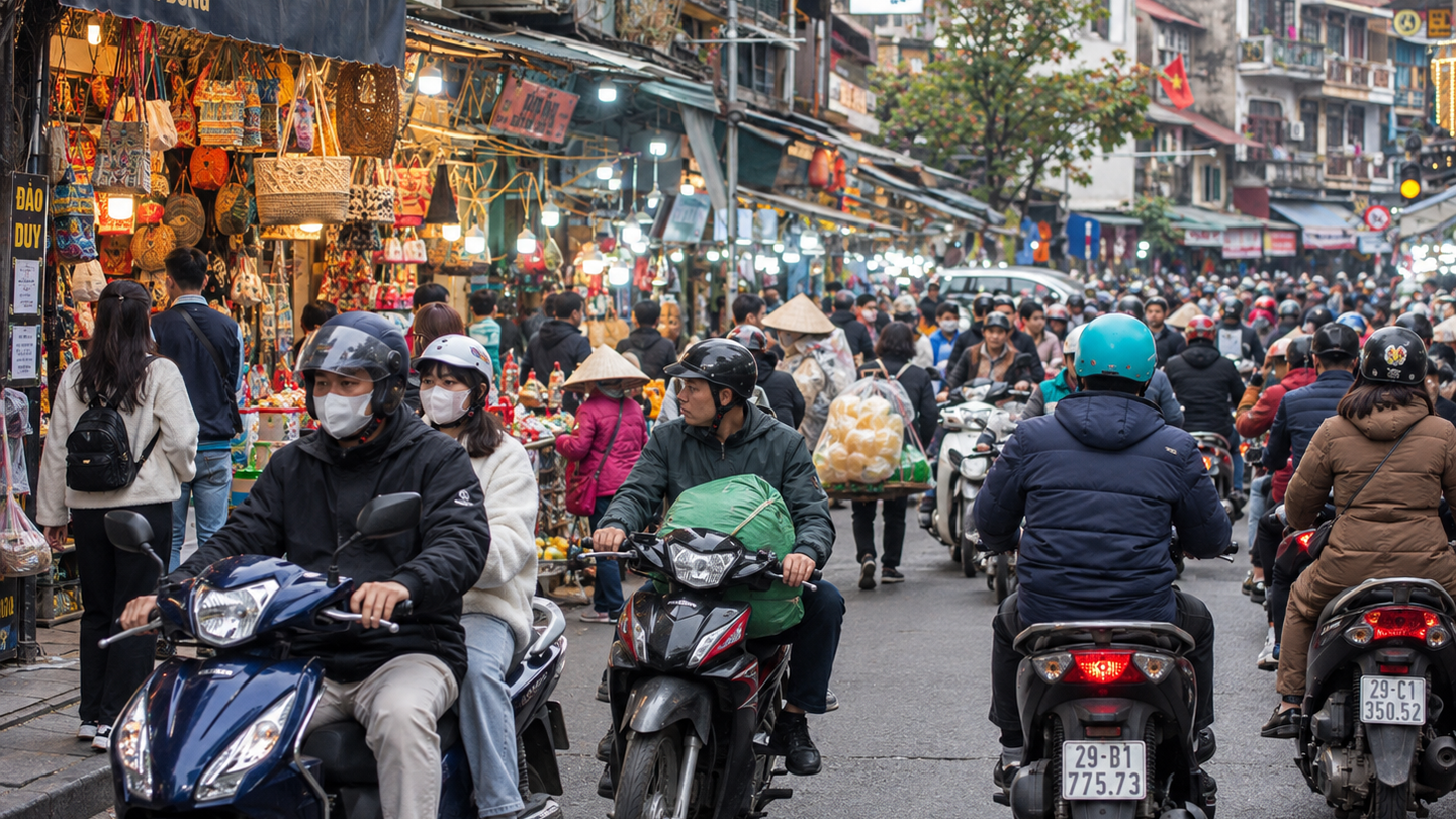 Motorbikes weaving through dense traffic on a busy Hanoi street.