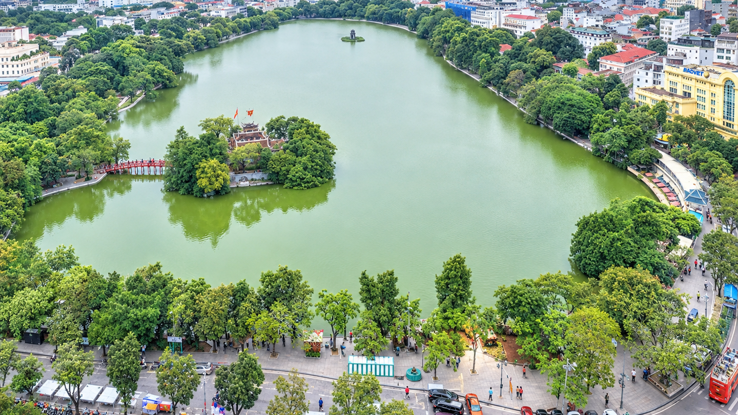 Aerial view of Hoan Kiem Lake and Turtle Tower in central Hanoi.