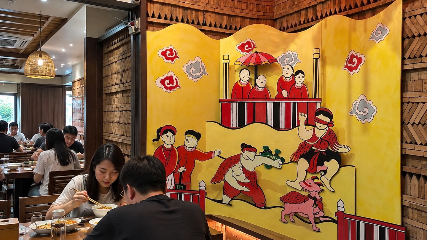 Colorful folk-art mural inside Mammom restaurant in Hanoi.