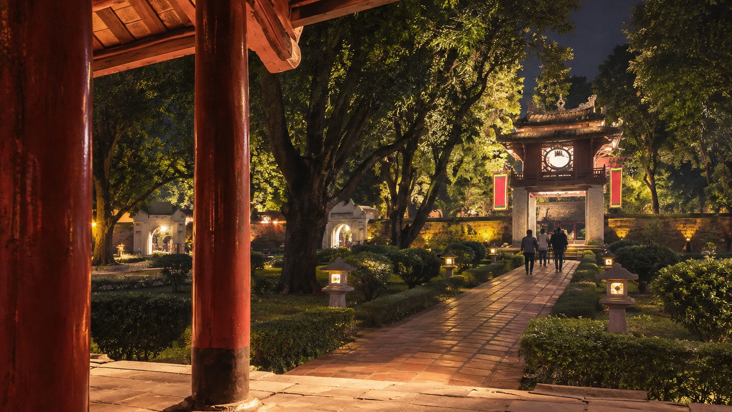Illuminated paths and a traditional gate at the Temple of Literature in Hanoi at night.