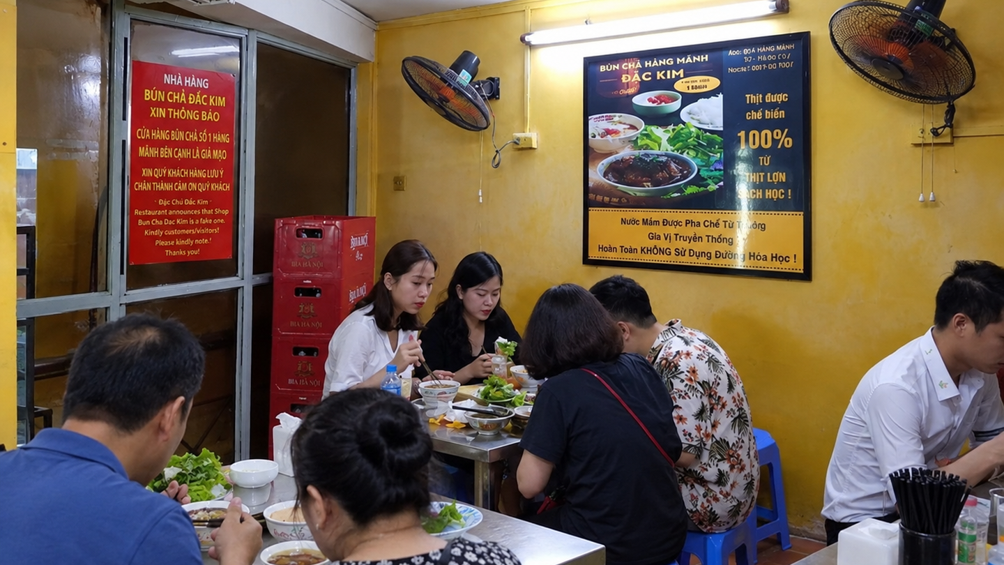 Crowded dining room at Bún Chả Đắc Kim in Hanoi.