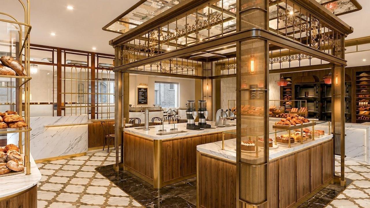 La Fournée's pastry counter under its brass canopy