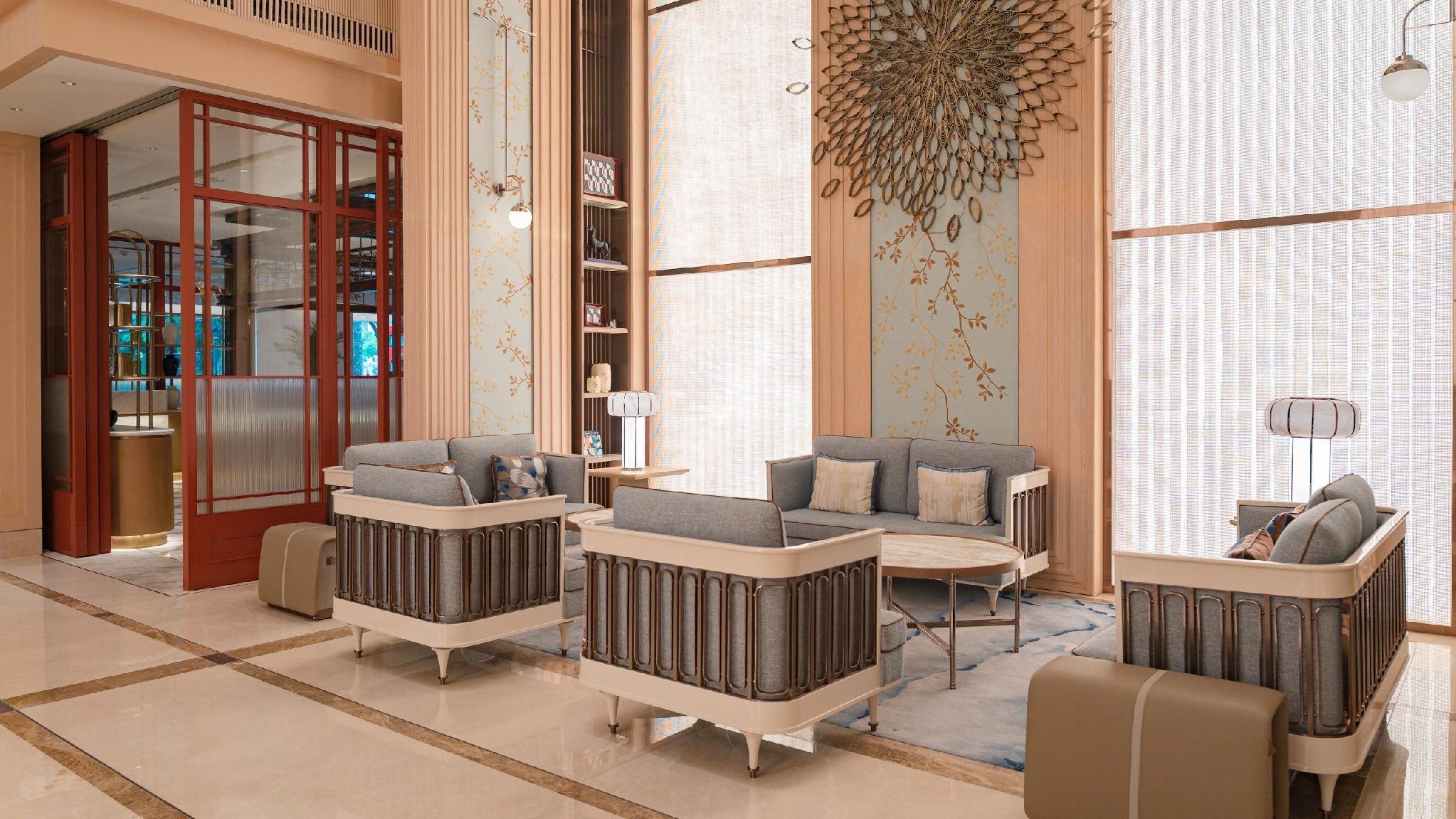 The hotel lounge with its floral wall art