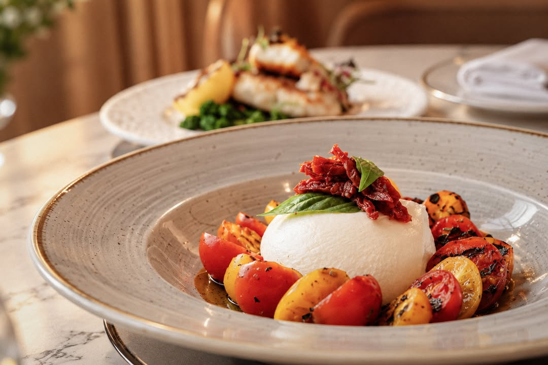 Burrata with roasted tomatoes and fresh herbs plated at a Hanoi restaurant.